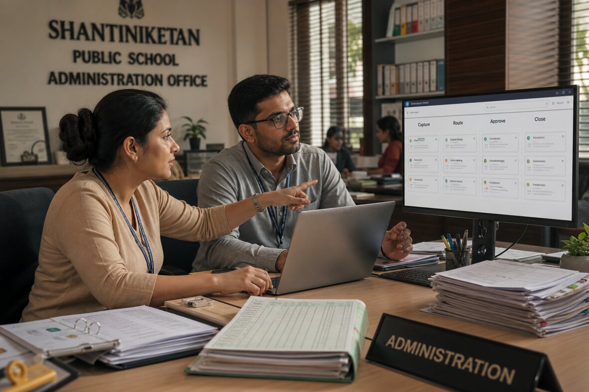 Indian school administrators coordinating setup, approvals, reminders, and reporting workflows at a connected operations desk