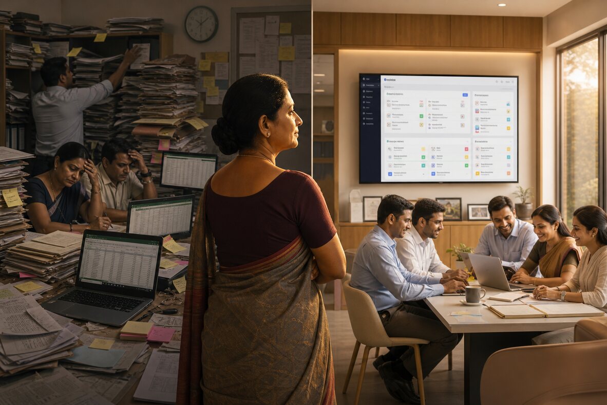 Side-by-side visual of fragmented school ERP paperwork and spreadsheets versus a calm unified institution operating layer with connected team workflows