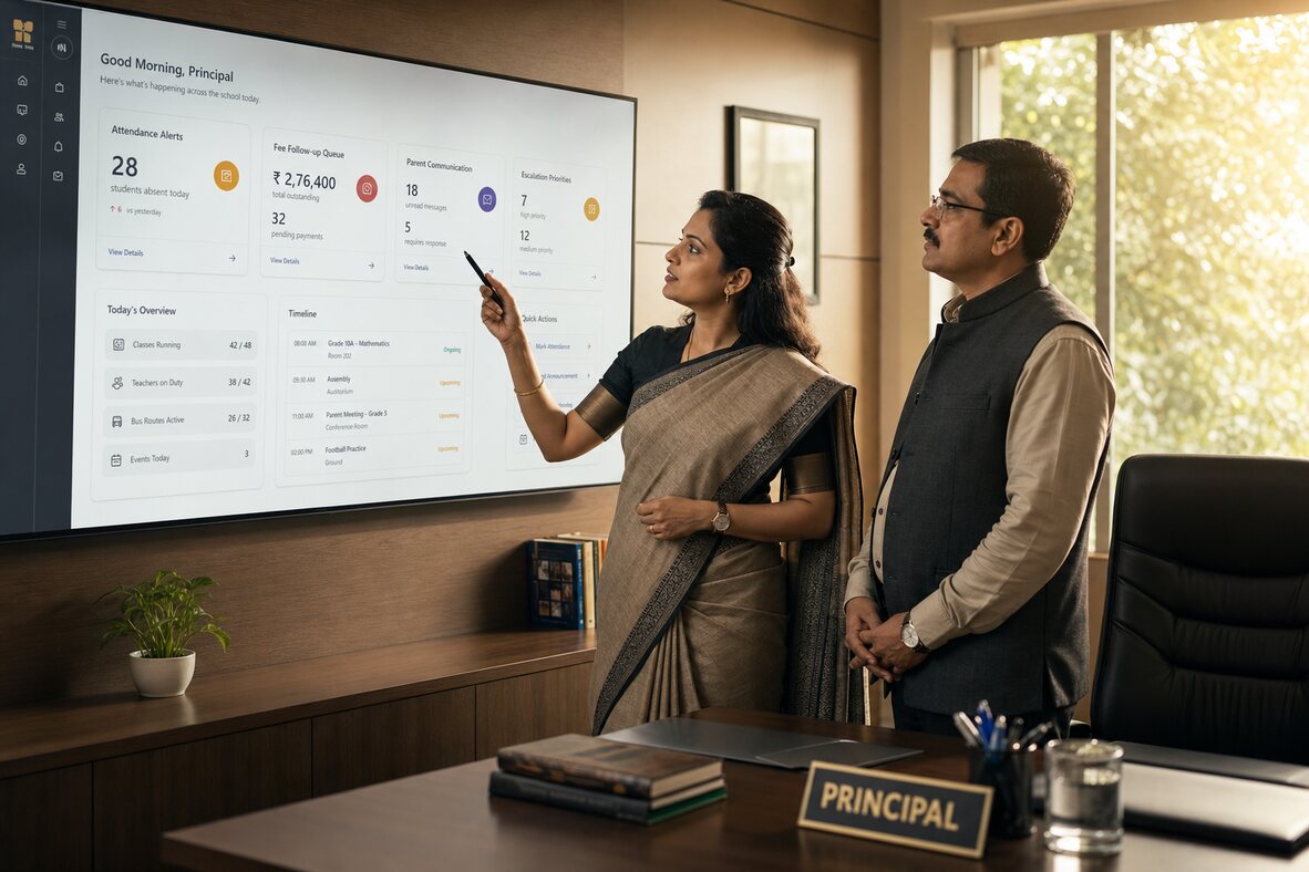 Indian school principal and leadership team reviewing daily attendance alerts, fee follow-up queue, and escalation priorities on an operations dashboard before the school day begins